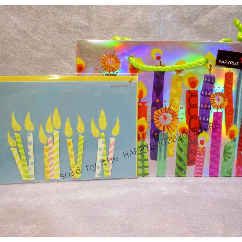 Papyrus HAPPY BIRTHDAY GREETING CARD-GIFT BAG Set-Die cut glitter candles-NEW